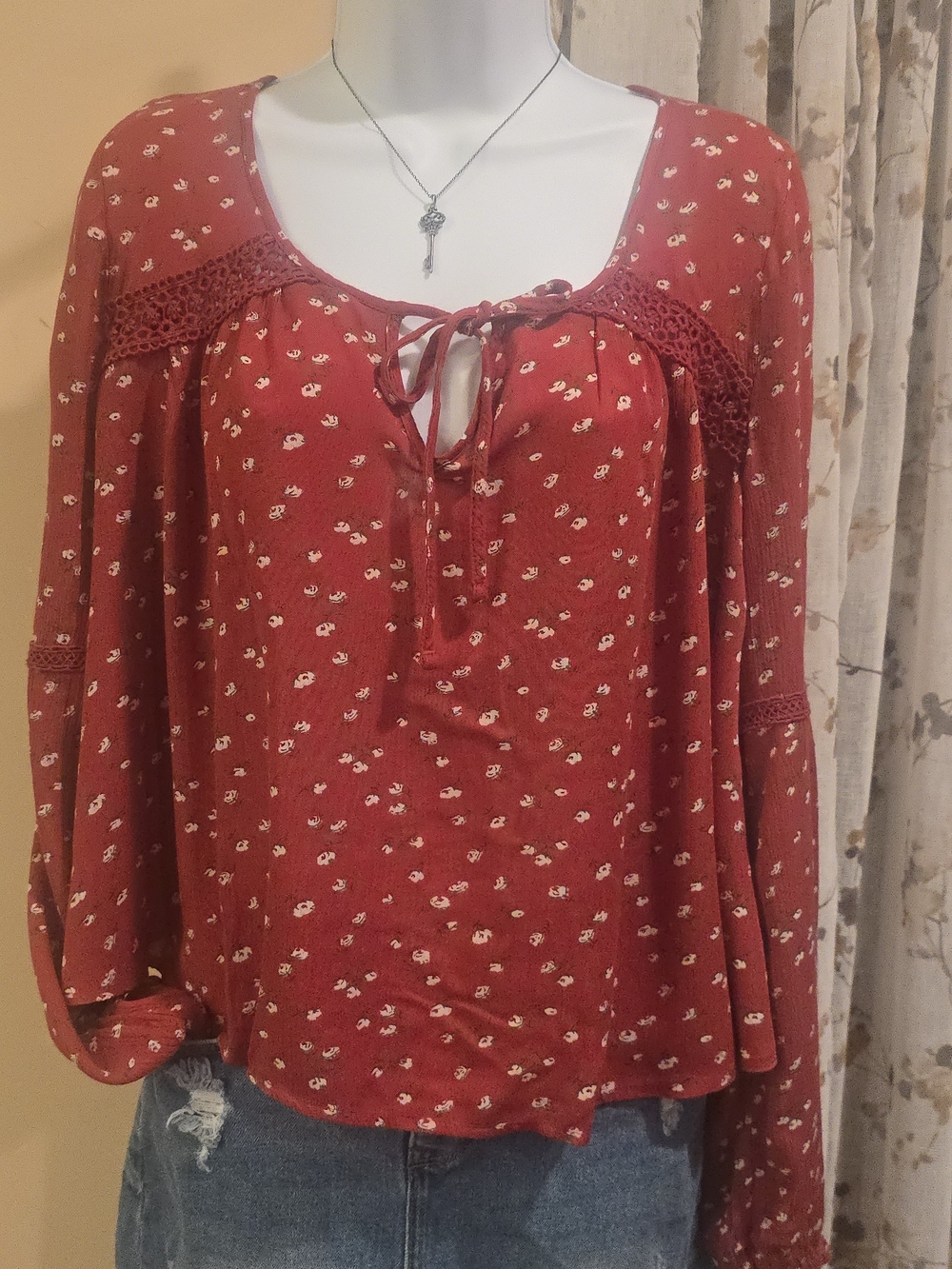 Hollister Rust Red Floral Lace-Trim Tie-Neck Peasant Blouse